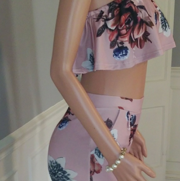 Pink Floral Print High Waist Romper Two Piece Set - Picture 7 of 8